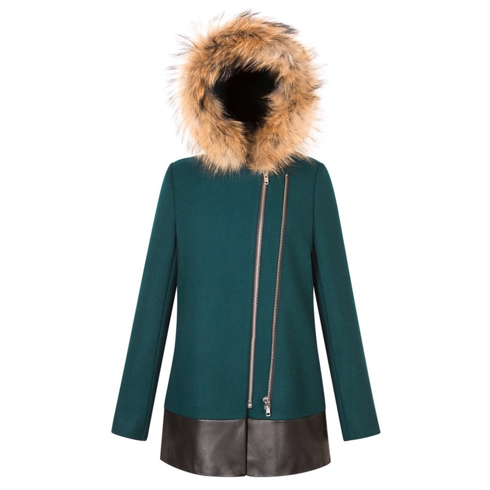 Sandro Fur trim leather panel wool coat